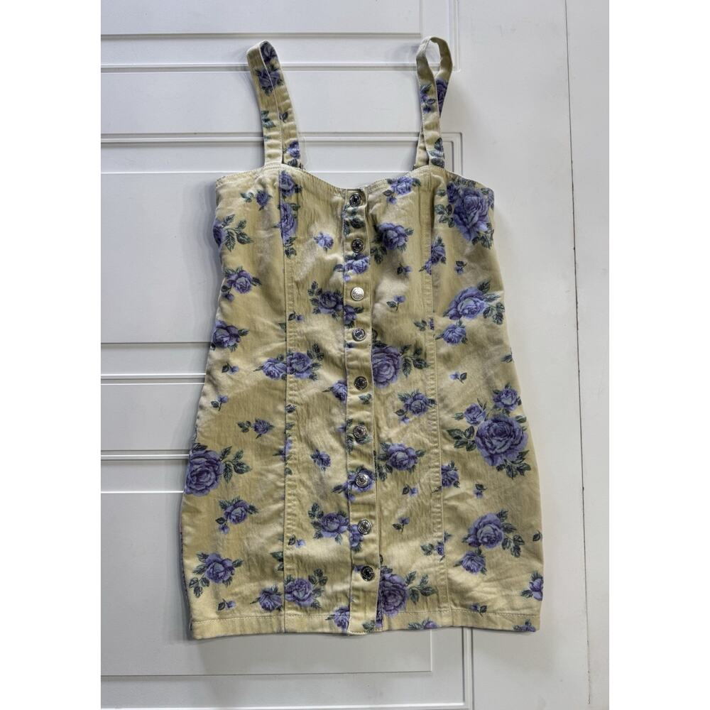 Forever 21 Yellow Purple Floral Overall Style Button Up Denim Dress Size S